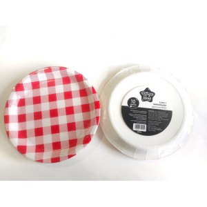 KIT C/ 10 PRATOS QUADRICULADOS DESCARTÁVEIS EM PAPEL (VERMELHO)